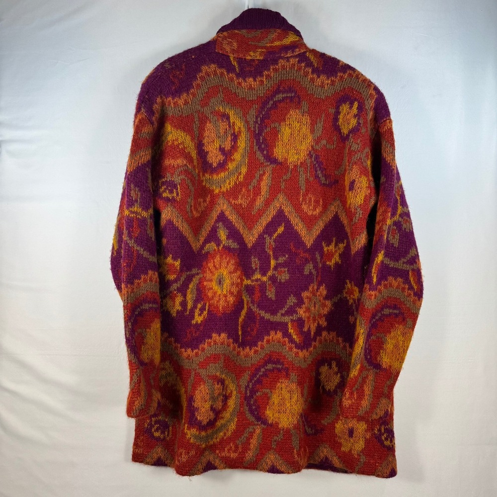 Vintage Mohair Blend Cardigan Sweater Paisley Floral Open Front Purple Orange - Picture 2 of 4